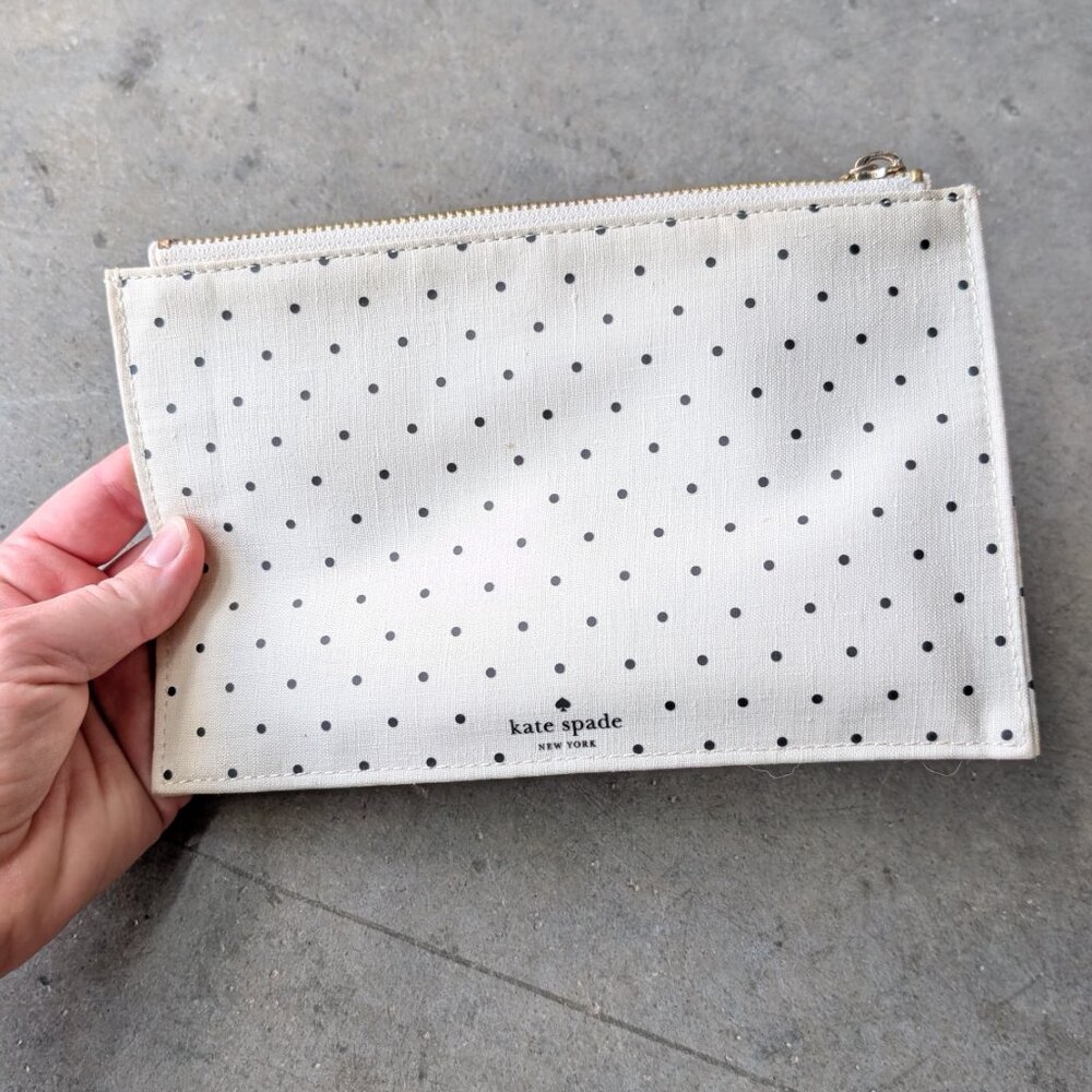 Kate Spade New York Ivory Black Polka Dots Zippered Leatherette Pencil Pouch - Picture 2 of 11